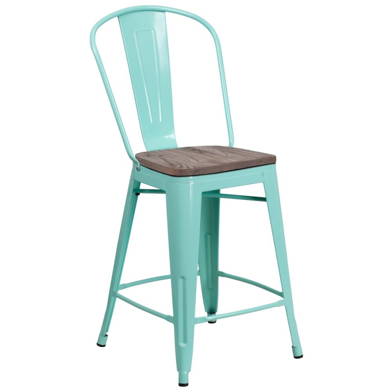 24" High Mint Green Metal Counter Height Stool With Back And Wood Seat