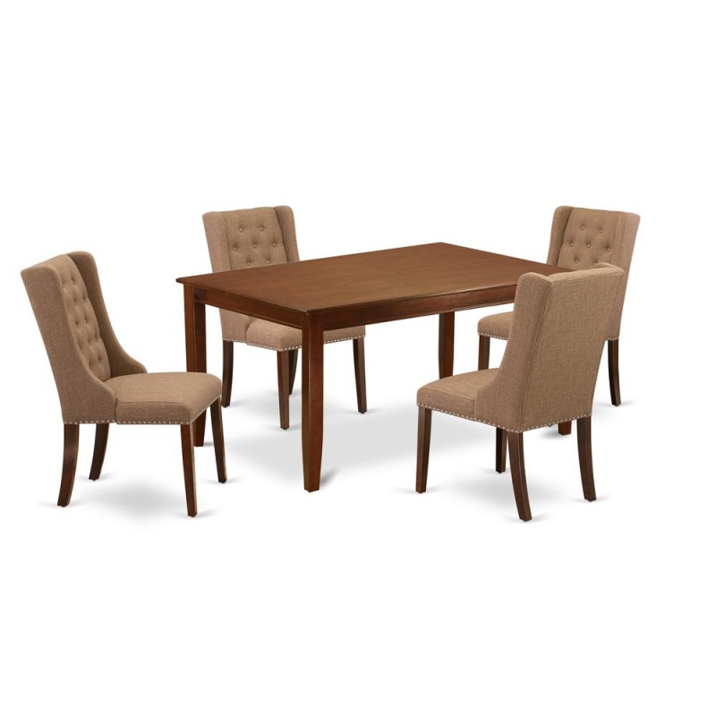 East West Furniture Dufo5-Mah-47 5-Pc Modern Dining Set Includes 1 Wooden Dining Table And 4 Light Sable Linen Fabric Parson Chairs With Button Tufted Back - Mahogany Finish