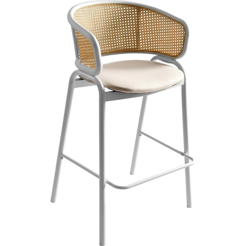 Ervilla Wicker Bar Stool with Fabric Seat and White Steel Frame