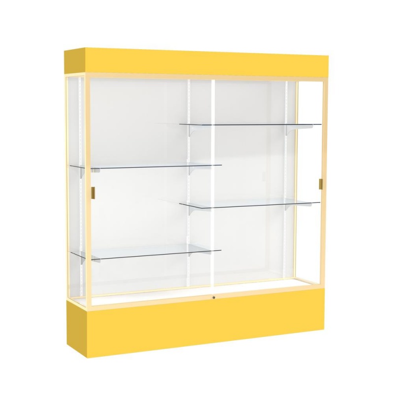 Spirit 72"W X 80"H X 16"D Lighted Floor Case, White Back, Champagne Finish, Goldenrod Base And Top