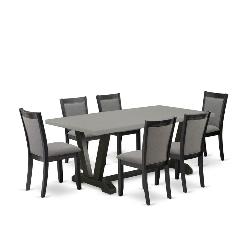 East West Furniture 7 Piece Modern Dining Set - Cement Top Modern Kitchen Table With Trestle Base And 6 Dark Gotham Grey Linen Fabric Dining Chairs - Wire Brushed Black Finish