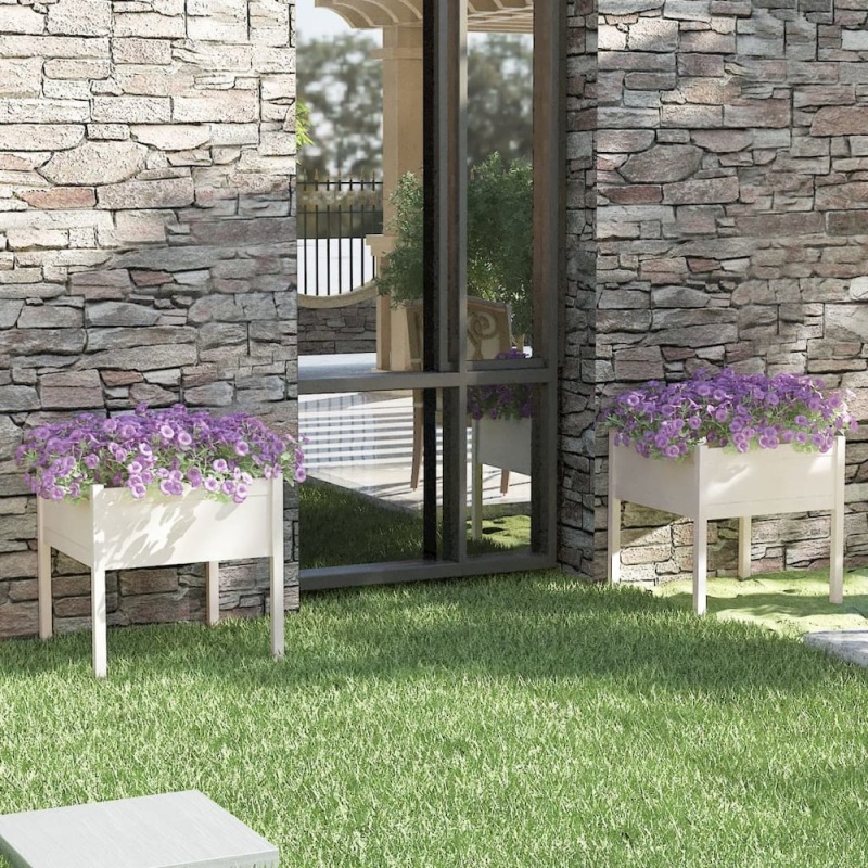 Garden Planter Set of 2 White Solid Pinewood