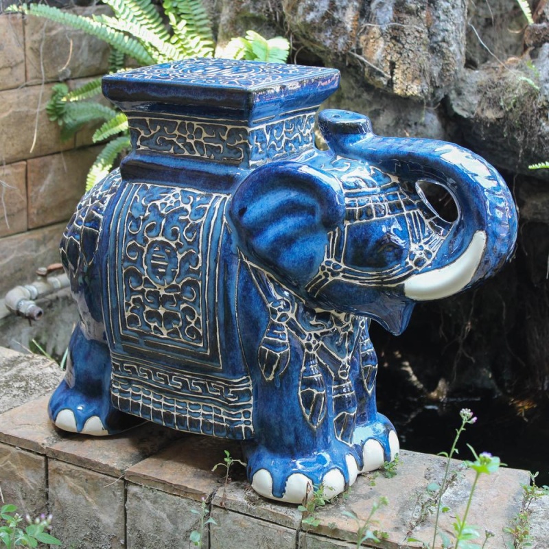 Large Blue Porcelain Elephant Stool
