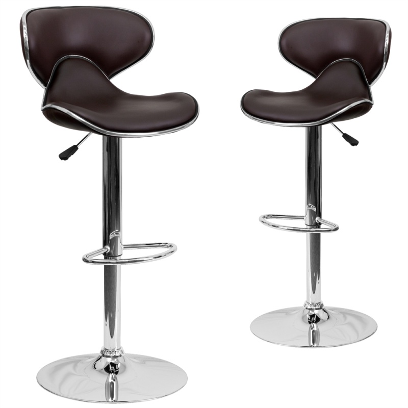 2 Pk. Contemporary Cozy Mid-Back Brown Vinyl Adjustable Height Barstool With Chrome Base