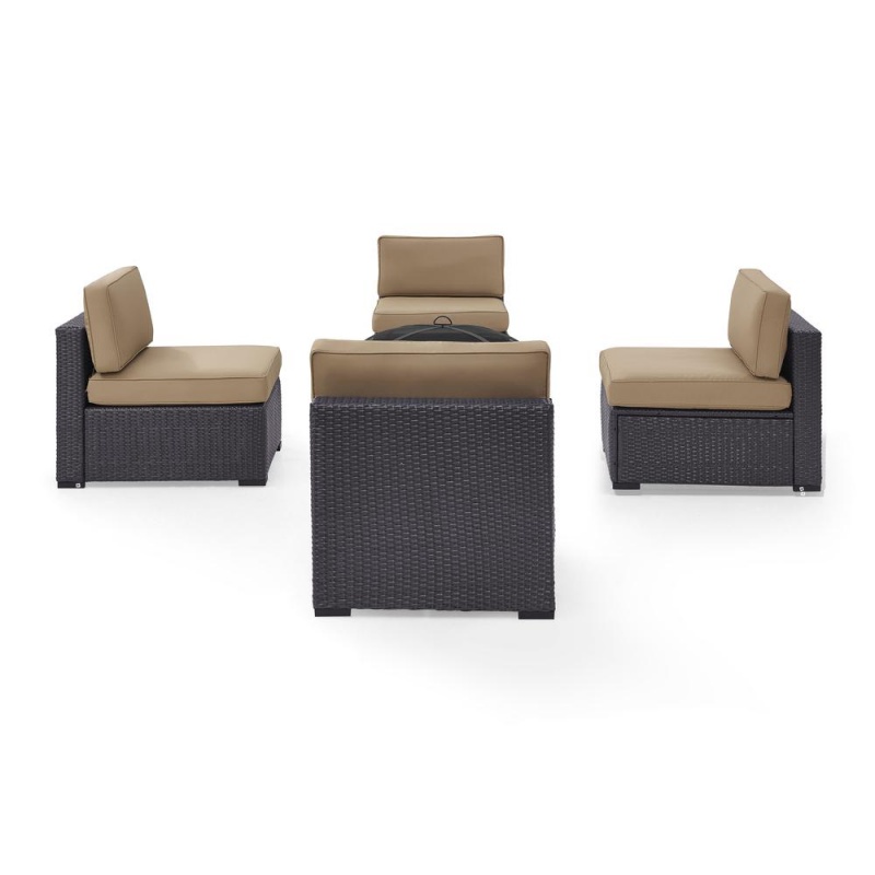 Biscayne 5Pc Outdoor Wicker Sectional Set W/Fire Pit Mocha/Brown - 4 Armless Chairs, Ashland Firepit