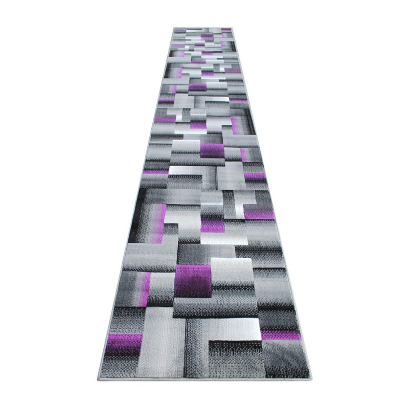 Elio Collection 3' X 16' Purple Color Blocked Area Rug - Olefin Rug With Jute Backing - Entryway, Living Room, Or Bedroom
