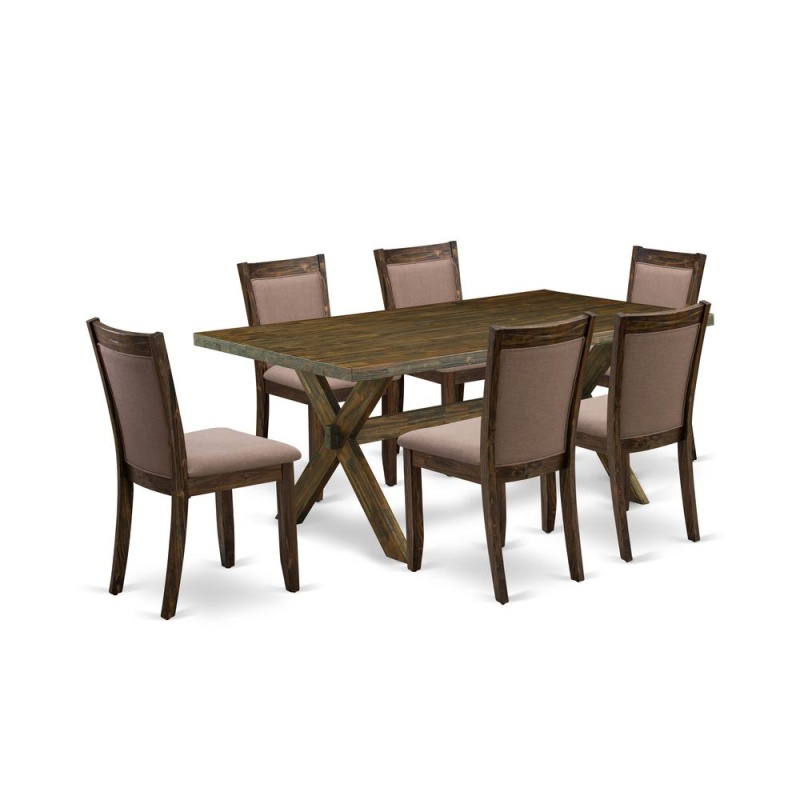East West Furniture 7 Piece Wooden Kitchen Table Set - A Distressed Jacobean Top Dining Table With Trestle Base And 6 Coffee Linen Fabric Wood Dining Chairs - Distressed Jacobean Finish