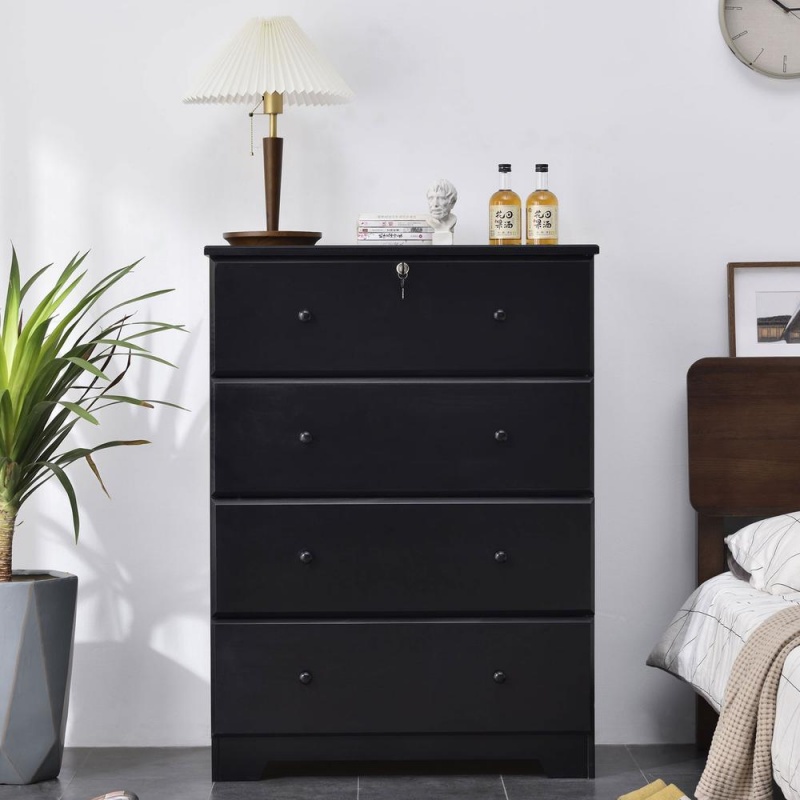 Better Home Products Isabela Solid Pine Wood 4 Drawer Chest Dresser In Black
