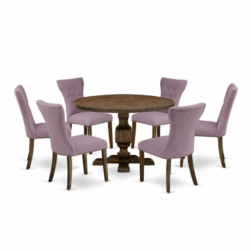 East West Furniture 7 Piece Table Set Consists Of A Kitchen Table And 6 Dahlia Linen Fabric Dining Chairs With Button Tufted Back - Distressed Jacobean Finish