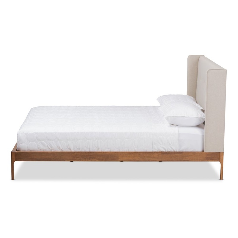 Brooklyn Mid-Century Modern Walnut Wood Beige Fabric Queen Size Platform Bed