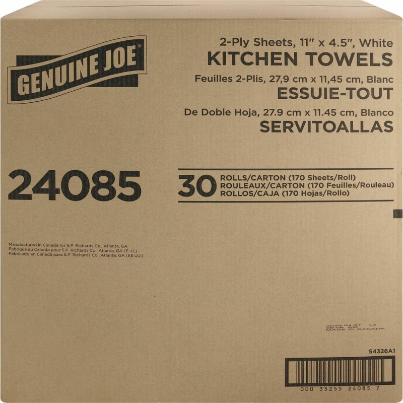 Genuine Joe Kitchen Roll Flexible Size Towels - 2 Ply - 1.63" Core - White - Paper - Flexible, Perforated, Absorbent, Soft - For Kitchen, Multipurpose, Breakroom - 30 / Carton