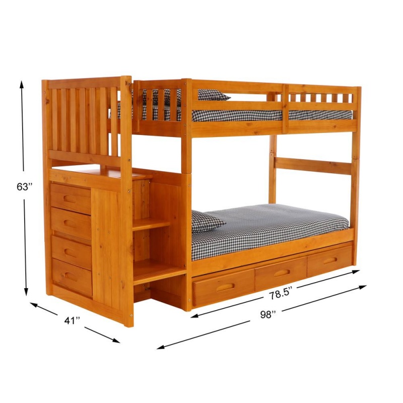 Os Home And Office Furniture Model Solid Pine Mission Staircase Twin Over Twin Bunk Bed With Seven Drawers In Warm Honey