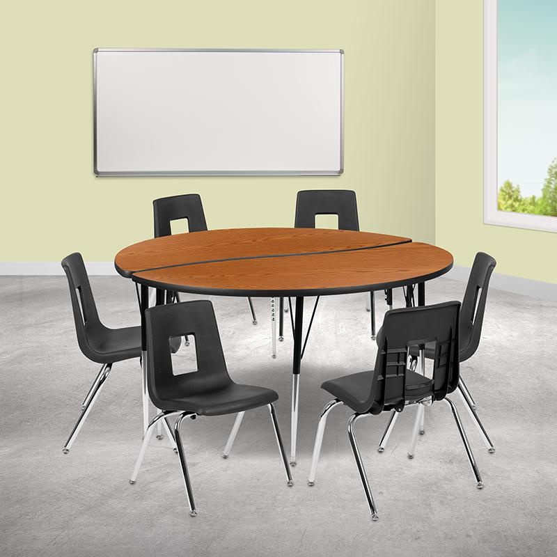 60" Circle Wave Collaborative Laminate Activity Table Set With 18" Student Stack Chairs, Oak/Black