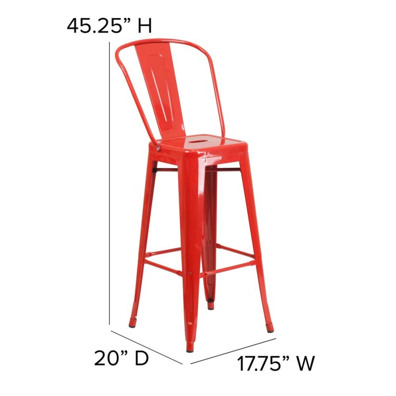 Kai Commercial Grade 30" High Red Metal Indoor-Outdoor Bar Height Stool With Removable Back And Square Teak All-Weather Poly Resin Seat