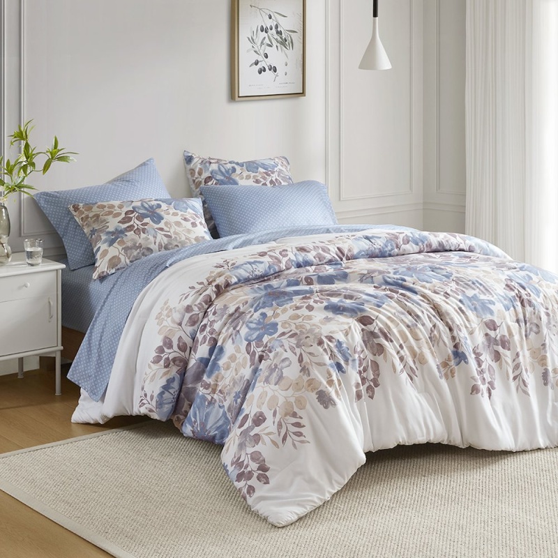 Luna Floral Comforter Set With Bed Sheets, Blue Color