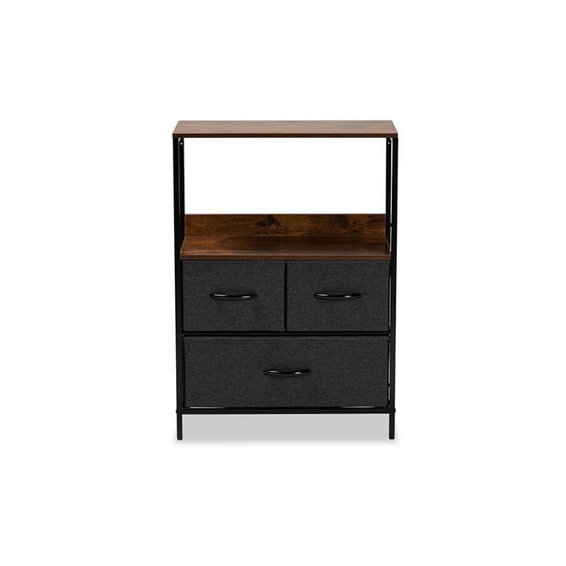 Baxton Studio Hakan Modern Industrial Grey Fabric Upholstered And Walnut Brown Finished Wood 3-Drawer Storage Cabinet