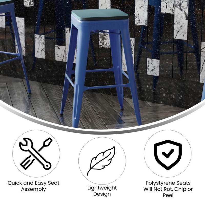 Kai Commercial Grade 30" High Backless Blue Metal Indoor-Outdoor Barstool With Square Teal-Blue Poly Resin Wood Seat