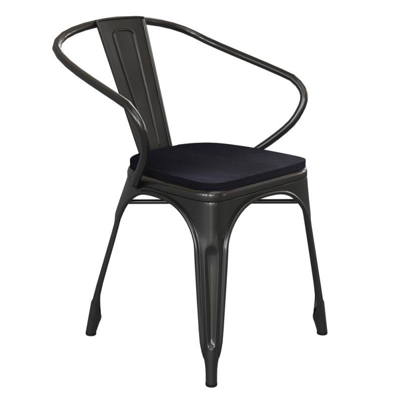 Luna Commercial Grade Black Metal Indoor-Outdoor Chair With Arms With Black Poly Resin Wood Seat