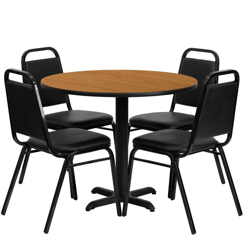 36'' Natural Table Set With X-Base And 4 Black Trapezoidal Back Banquet Chairs