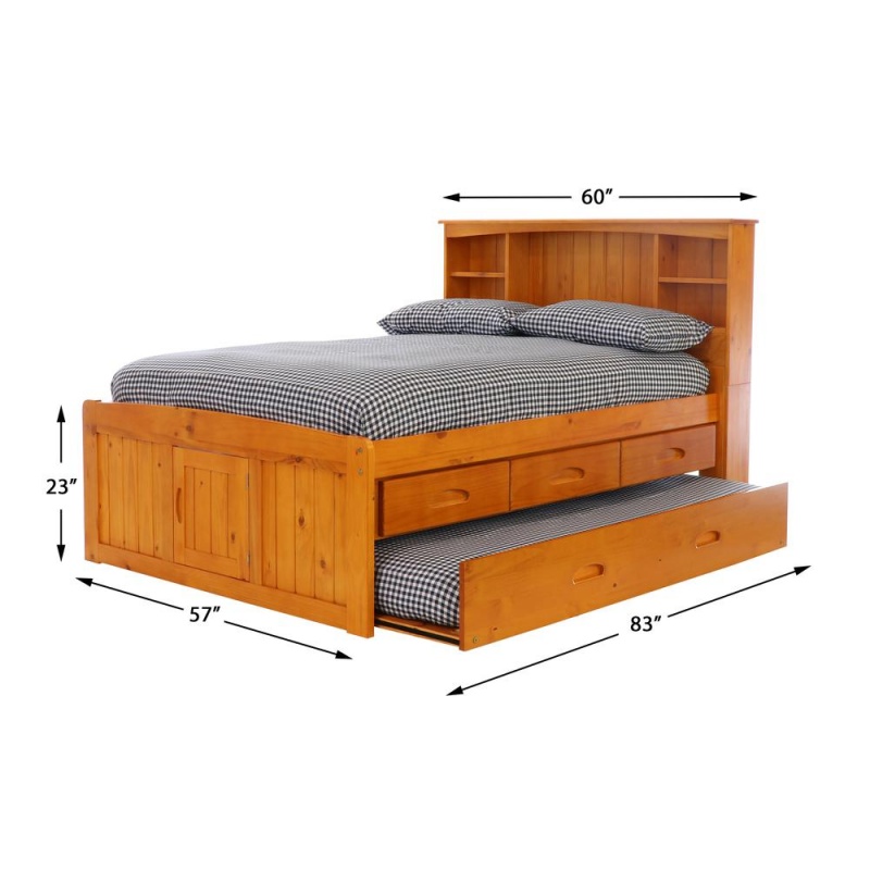 Os Home And Office Furniture Model Solid Pine Full Captains Bookcase Bed With 3 Drawers And Twin Sized Trundle In Warm Honey