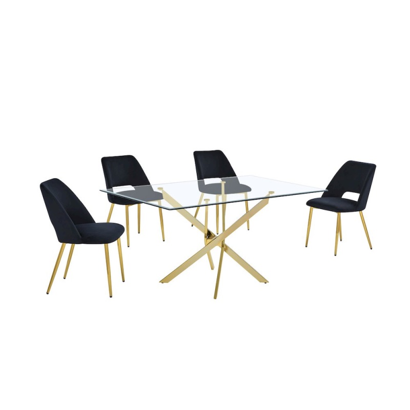 5Pc Dining Set- Rectangle - Table With Black Velvet Chairs