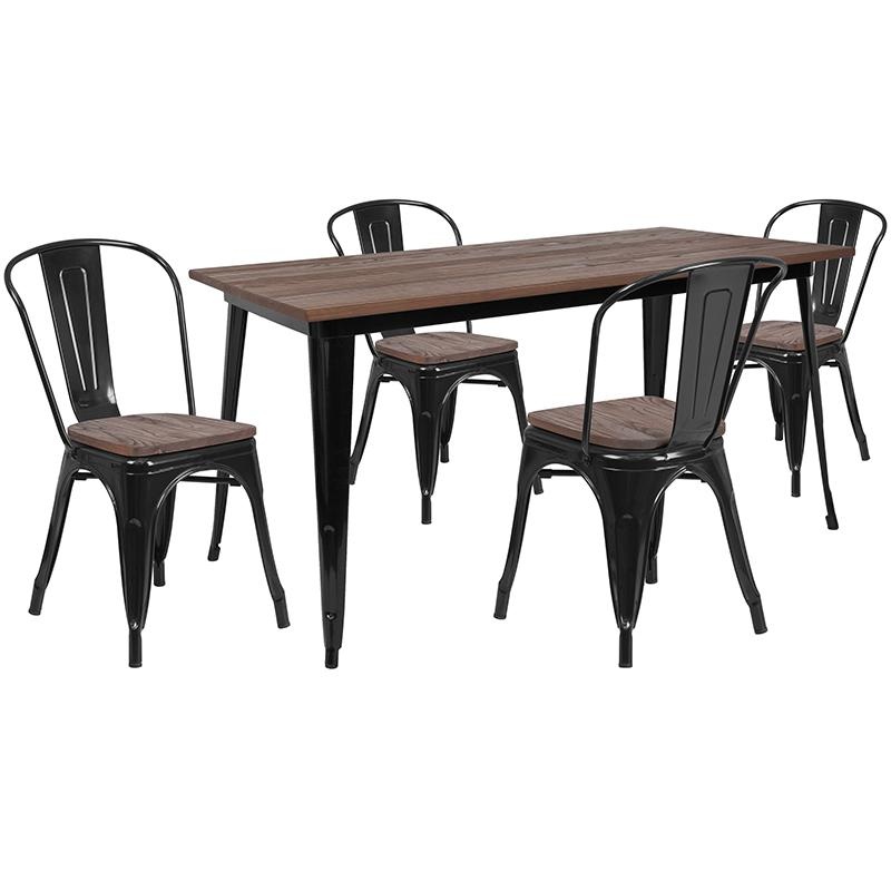 0.25" x 60" Black Metal Table Set With Wood Top and 4 Stack Chairs