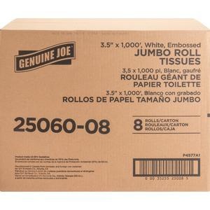 Genuine Joe Jumbo Dispenser Roll Bath Tissue - 2 Ply - 3.50" X 1000 Ft - 9" Roll Diameter - White - Nonperforated, Fragrance-Free, Embossed, Unscented - For Restroom, Washroom, Toilet - 8 / Carton