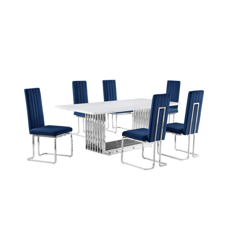 7Pc Large 79" Marble Top Dining Set with 6 Navy Blue Chairs