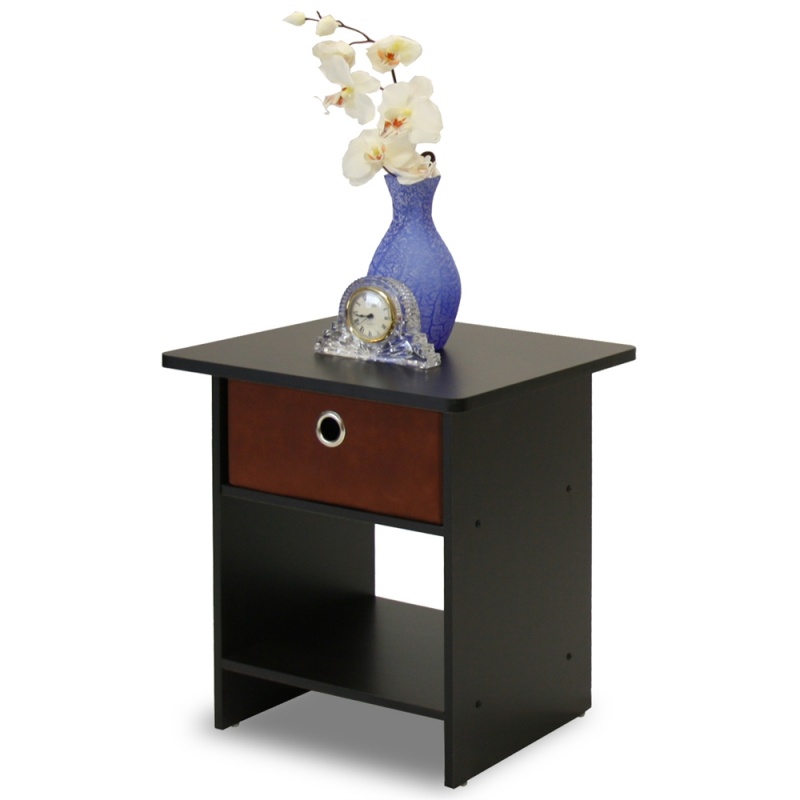 End Table/ Night Stand Storage Shelf With Bin Drawer, Espresso/Brown