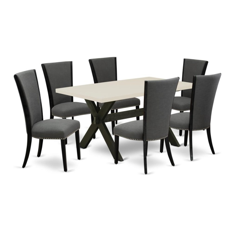 East West Furniture 7 Pc Dinner Table Set Consists Of A Linen White Modern Kitchen Table And 6 Dark Gotham Grey Linen Fabric Dining Chairs With High Back - Wire Brushed Black Finish