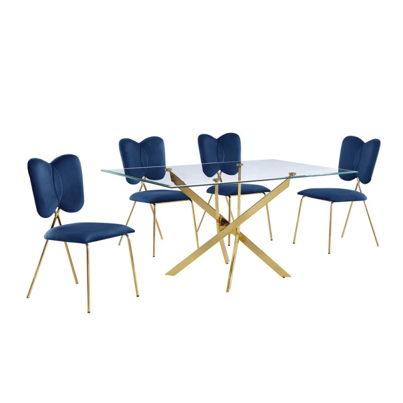 5Pc Dining Set- Rectangle Table With Navy Blue Velvet Chairs