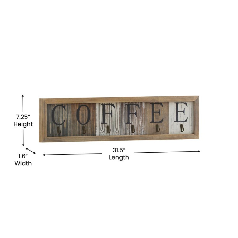 Folston Wooden Wall Mount 6 Cup Distressed Wood Grain Printed Coffee Mug Organizer With Metal Hanging Hooks, No Assembly Required