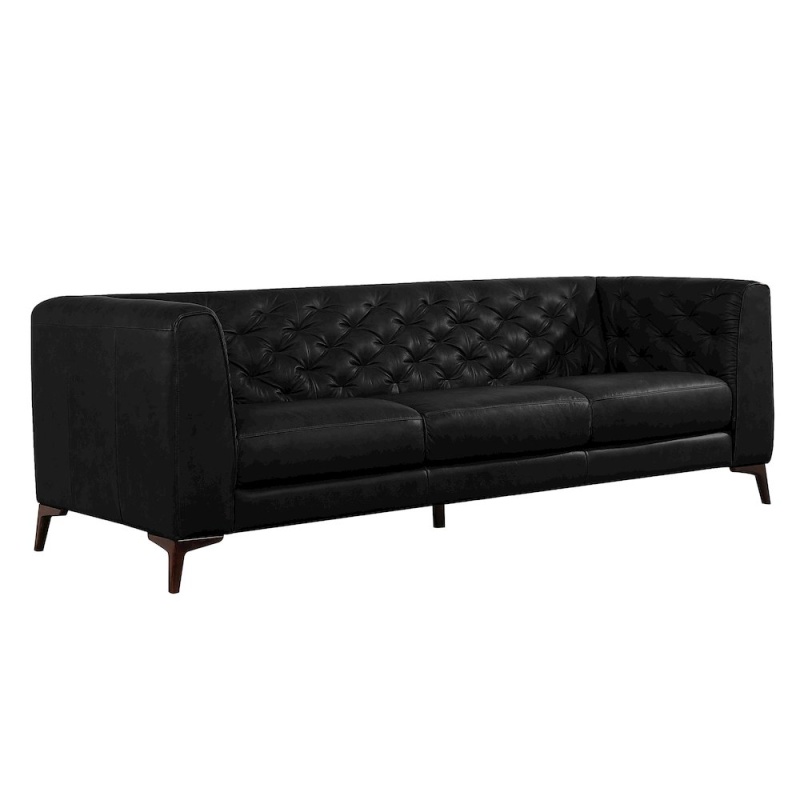 Havana 90" Mid Century Modern Tufted Genuine Leather Sofa in Black