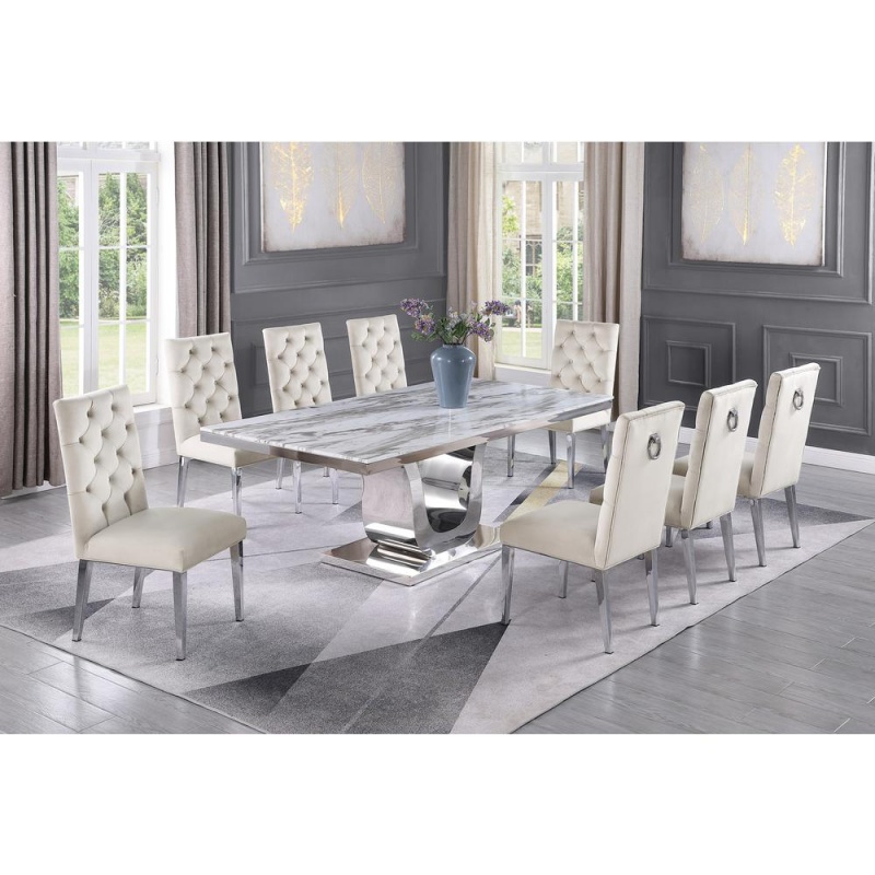 White Marble 9Pc Set Tufted Ring Chairs in Beige Velvet