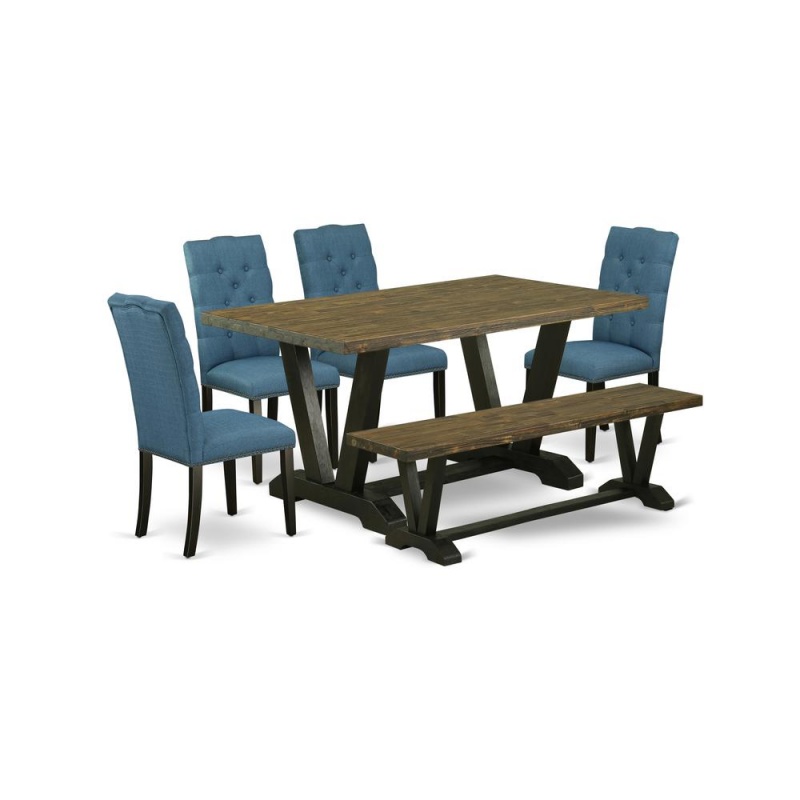 East West Furniture V676el121-6 6-Piece Amazing Modern Dining Table Set A Great Distressed Jacobean Kitchen Rectangular Table Top And Distressed Jacobean Dining Bench And 4 Excellent Linen Fabric Kitc