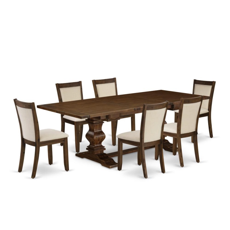 East West Furniture 7-Pieces Table Set - 1 Rectangular Dining Table With Double Pedestal And 6 Light Beige Linen Fabric Wood Dining Chairs With Stylish High Back - Antique Walnut Finish