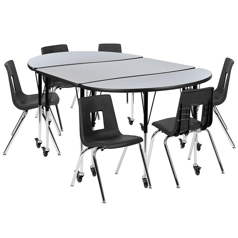 Mobile 76" Oval Wave Collaborative Laminate Activity Table Set With 18" Student Stack Chairs, Grey/Black