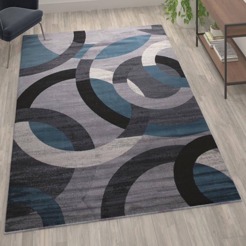 Harken Collection Geometric 6' X 9' Blue And Gray Olefin Area Rug With Jute Backing, Living Room, Bedroom