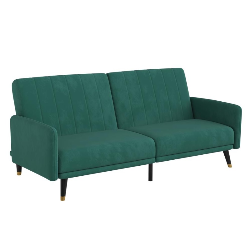 Sophia Premium Split Back Sofa Futon, Convertible Sleeper Couch For Small Spaces In Soft Emerald Velvet Upholstery With Solid Wooden Legs