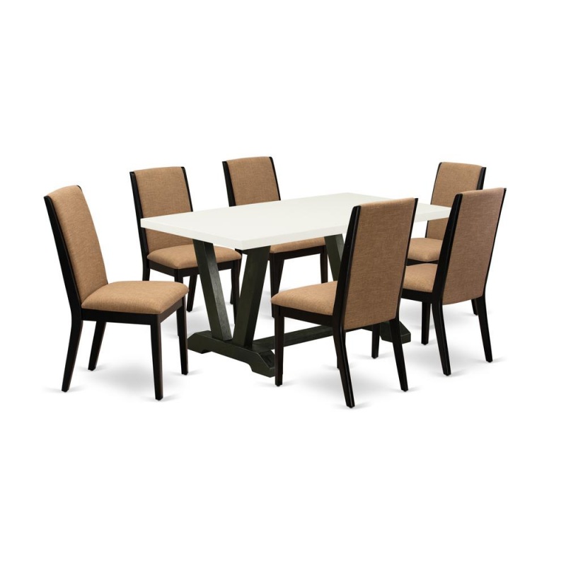 East West Furniture V626la147-7 7-Piece Amazing Dining Table Set A Great Linen White Kitchen Rectangular Table Top And 6 Stunning Linen Fabric Dining Chairs With Stylish Chair Back, Wire Brushed Black