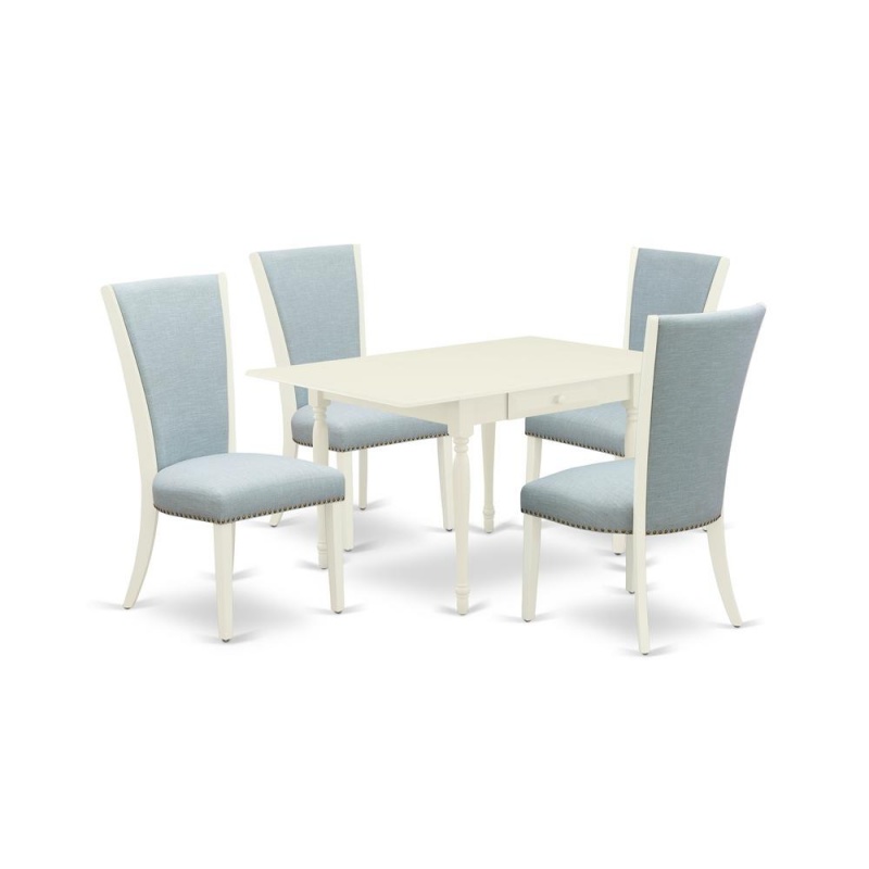 East-West Furniture Mzve5-Lwh-15 - A Dinette Set Of 4 Excellent Indoor Dining Chairs With Linen Fabric Baby Blue Color And A Fantastic Wooden Dining Table With Linen White Color