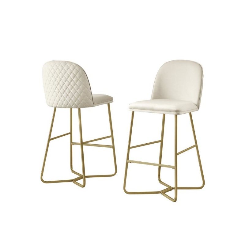 29" Cream Velvet Barstool W/ Gold Color Iron Base (Set Of 2)
