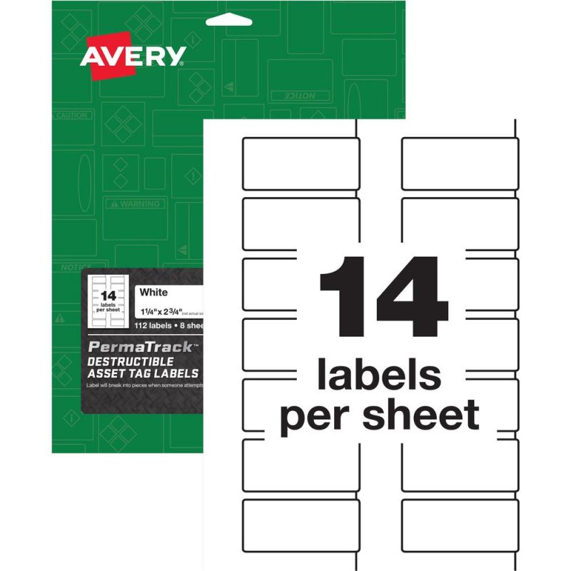 Avery® Permatrack Destructible Asset Tag Labels - 1.25" Length X 2.75" Width - Rectangular - 112 / Pack - White