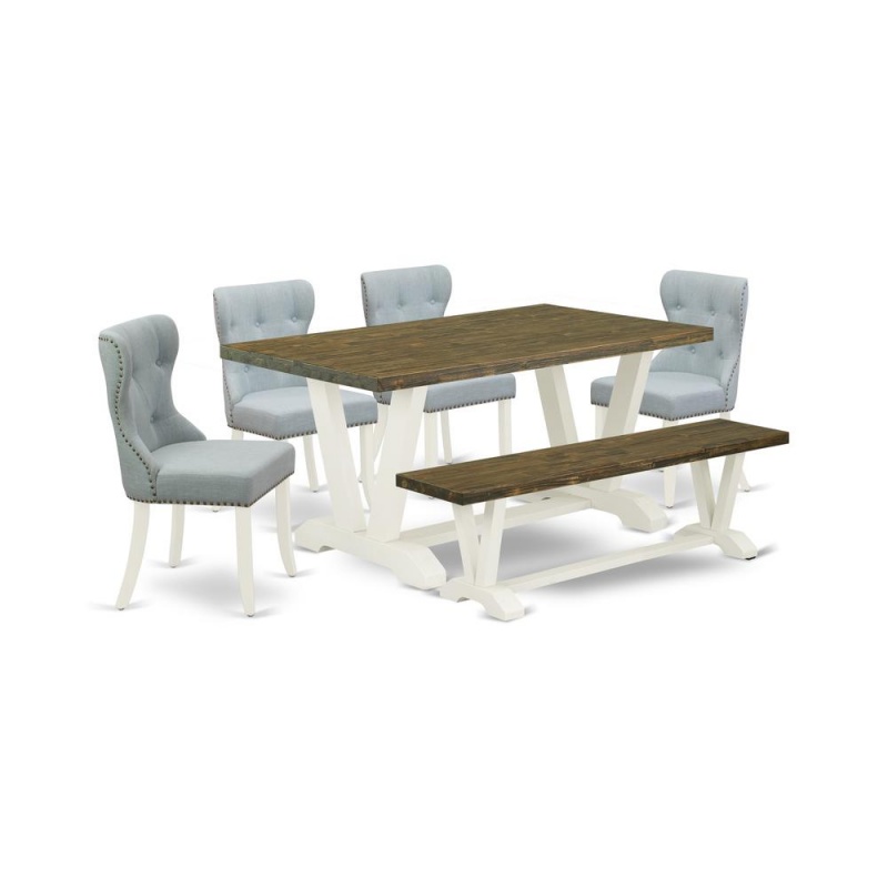 East West Furniture V076si215-6 6-Piece Dining Room Set- 4 Upholstered Dining Chairs With Baby Blue Linen Fabric Seat And Button Tufted Chair Back - Rectangular Top & Wooden Legs Dining Table And Indo
