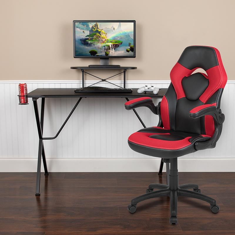 Black Gaming Desk And Red/Black Racing Chair Set With Cup Holder, Headphone Hook, And Monitor/Smartphone Stand