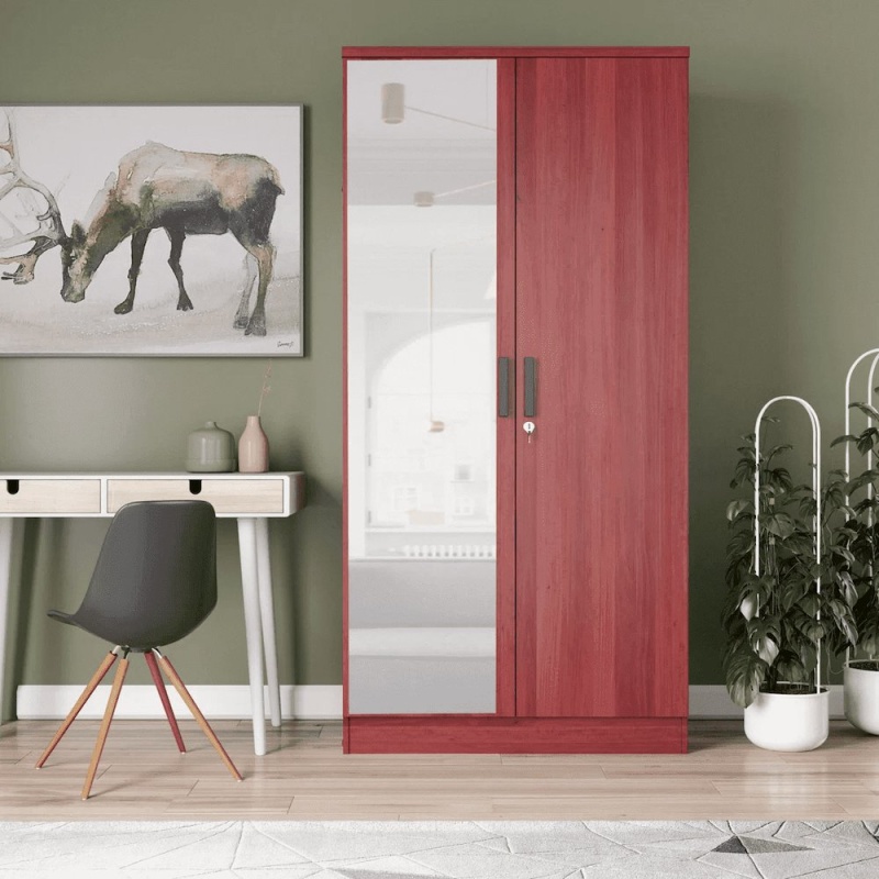 Mirrored 2 Door Wardrobe In Red Color
