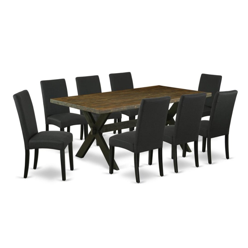 East West Furniture X677dr124-9 9-Pc Dining Table Set- 8 Parson Dining Chairs With Black Linen Fabric Seat And Stylish Chair Back - Rectangular Table Top & Wooden Cross Legs - Distressed Jacobean And