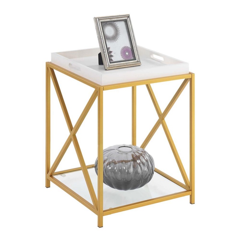 St. Andrews End Table With Shelf And Removable Trays, White/Gold