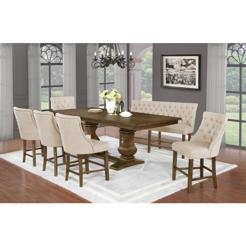 7Pc Counter Height Dining Set, 5 Chairs & 1 Bench In Beige, Table W/ 18" Center Leaf In Walnut Finish