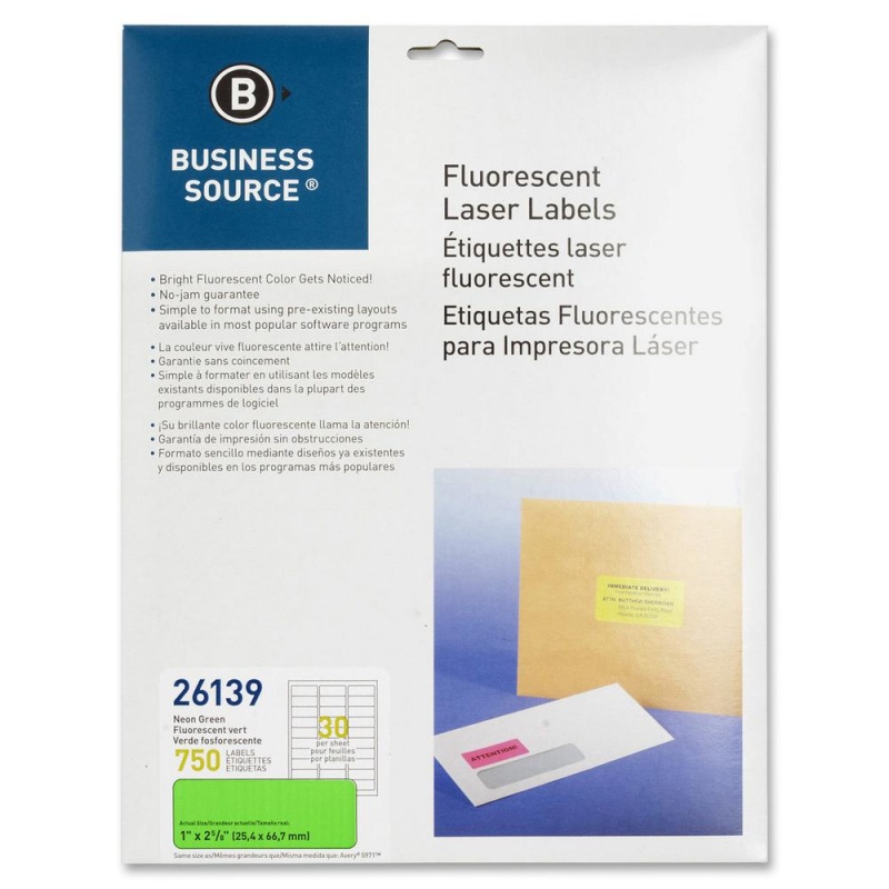 Business Source Neon Labels - 1" Width X 2 5/8" Length - Permanent Adhesive - Rectangle - Laser - Neon Green - 30 / Sheet - 750 / Pack - Jam-Free, Pressure Sensitive